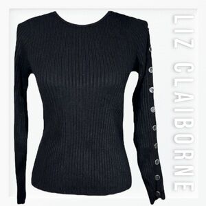 Liz Claiborne Black Ribbed Sweater with Button Sleeve Accents sz M